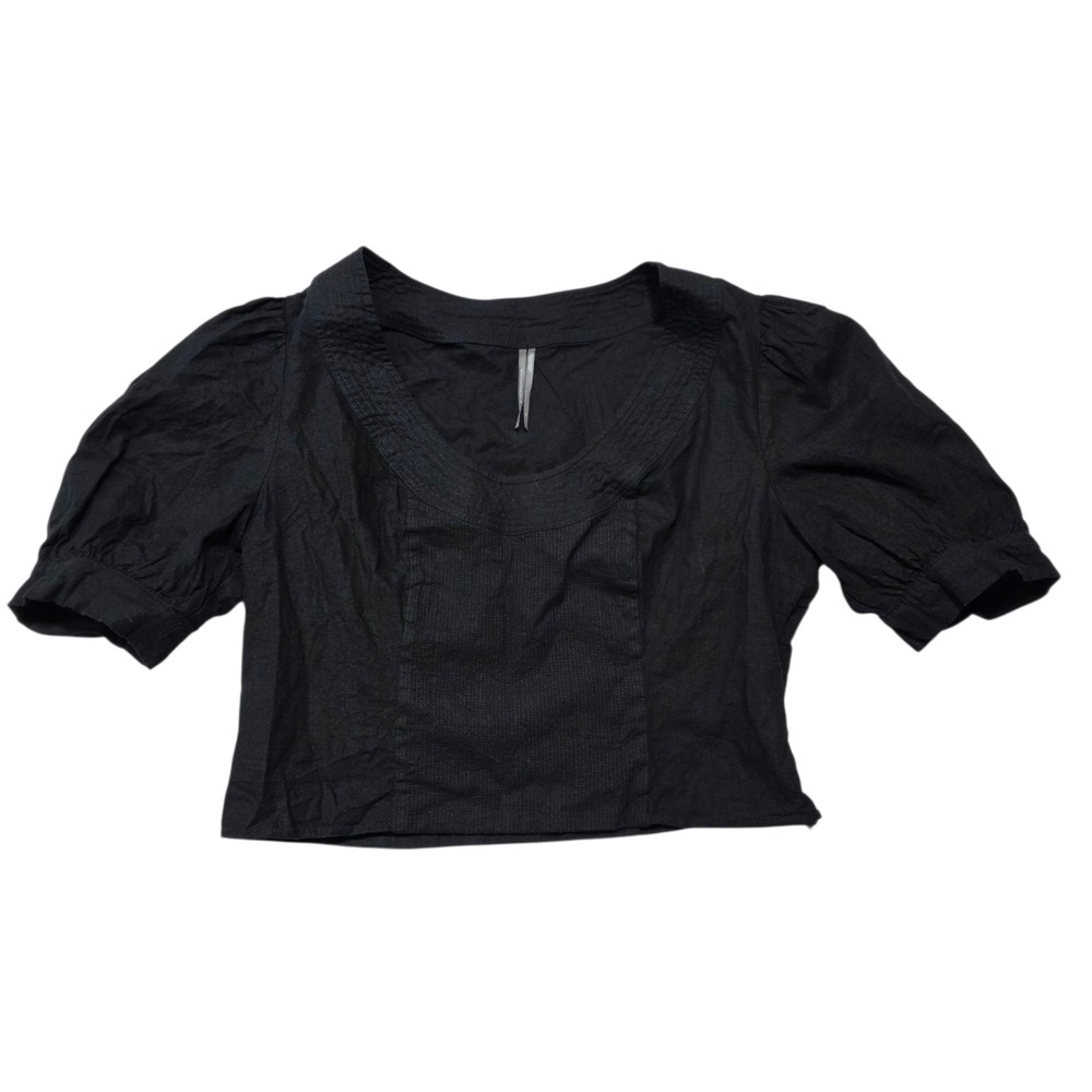 Anthropologie Pilcro Black Linen Blend Cropped Puff Sleeve Collared Top XL